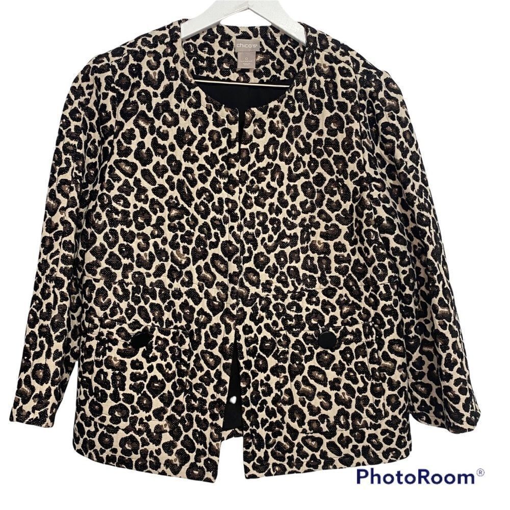 Chico's Leopard Print Modern Jacquard Blazer size Small 0 Open Front Jacket